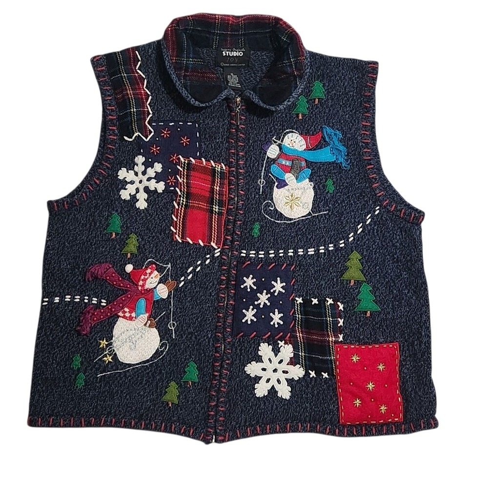 Winter Sweater‎ Vest Studio Joy Women's XL Blue Snowman Full Zip Art to Wear
